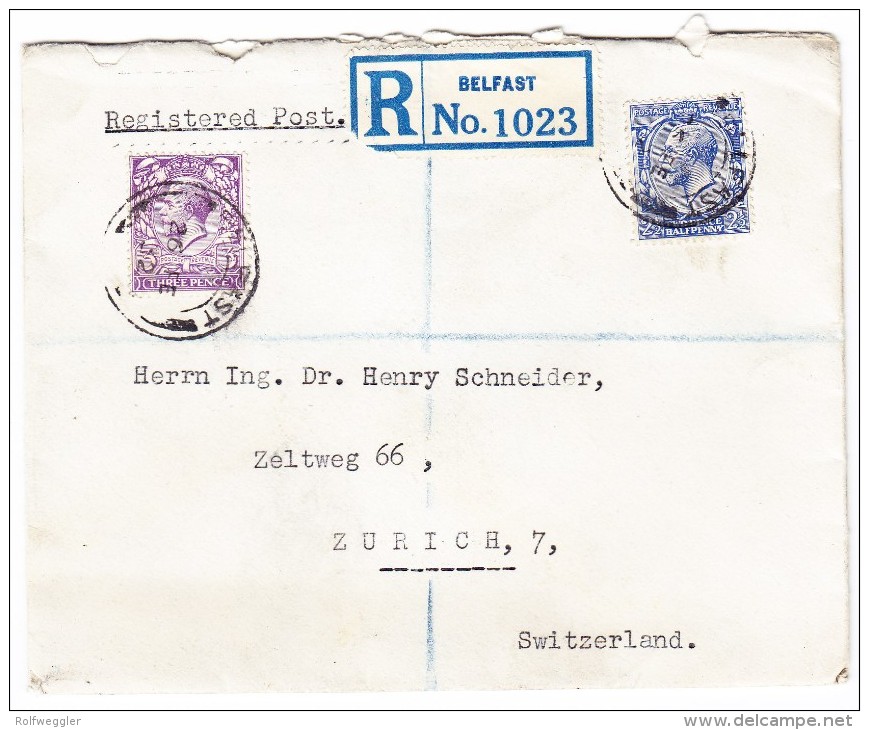 Irland 1932 R-Brief Von Belfast Nach Zürich Englische 21/2 Und 3d. Georg V Marken - Storia Postale