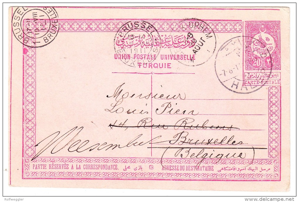 Syyrien 1911 Türkische Ganzsachen Karte 20 Para Von Halep Nach Belgien - Syrie