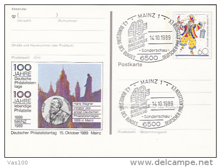 MAINZ PHILATELIC EXHIBITION, CARNIVAL, CLOWN, PC STATIONERY, ENTIER POSTAUX, 1989, GERMANY - Illustrated Postcards - Used