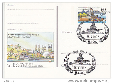 KOBLENZ PHILATELIC EXHIBITION, MONUMENT, PC STATIONERY, ENTIER POSTAUX, 1992, GERMANY - Illustrated Postcards - Used