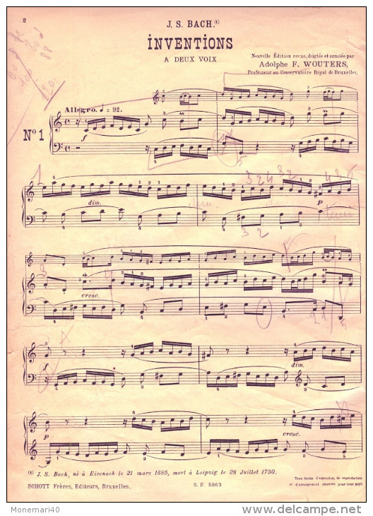 Partition Pour Piano - J.S. BACH - Inventions à Deux Voix. - A-C