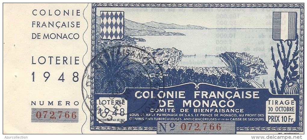 COLONIE FRANCAISE DE MONACO - Billets De Loterie