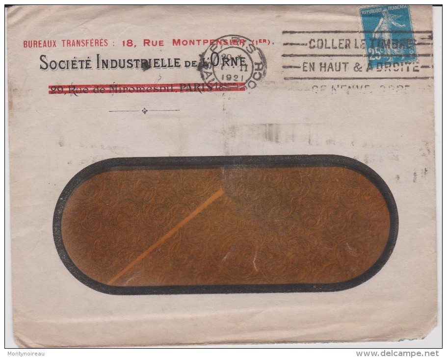 Ancienne  Enveloppe  Lettre :   Orne - Paris  ,  Socièté  Industrielle  De L Orne  ( Tampon  Vassi - Vassy ) - Autres & Non Classés