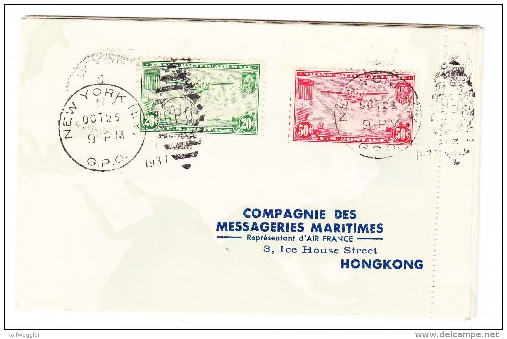 Hong-Kong Welt Rundflug Via New-York Natal Paris - Interessante 4 Länder Frankatur - Brieven En Documenten