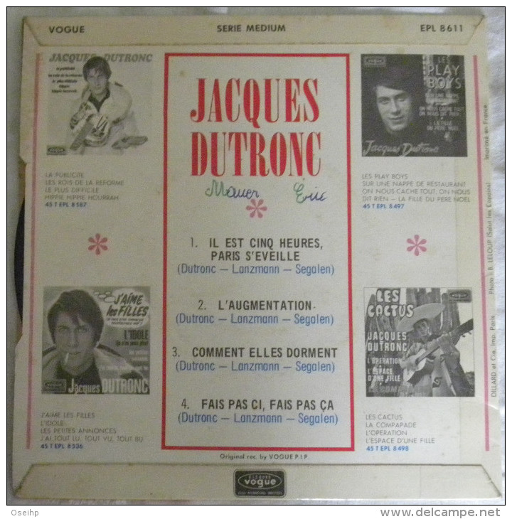 Disque Vinyle 45T Biem JACQUES DUTRONC Il Est Cinq Heures, Paris S'éveille  45 Tours Vogue EPL 8611 - Autres - Musique Française