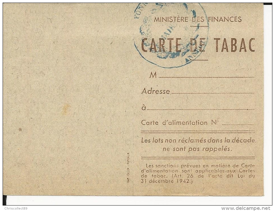 Rationnement : Carte De Tabac 1947 - Carte Vierge - 1939-45