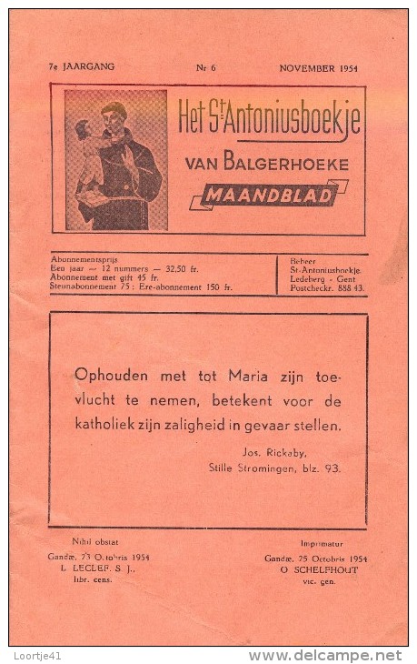 Devotie Het St Antoniusboekje Van Balgerhoeke - Nov. 1954 - Autres & Non Classés