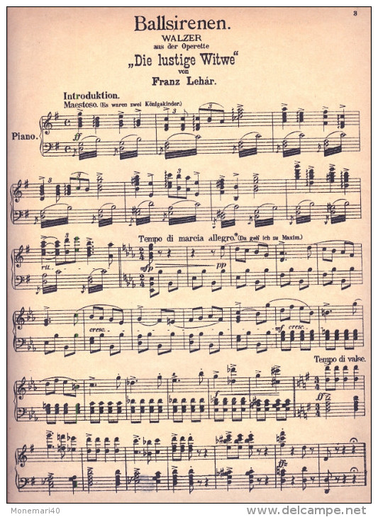 Partition Pour Le Piano Franz LEHAR 'Ballsirenen Walzer' De L'opérette 'LA VEUVE JOYEUSE' - J-L