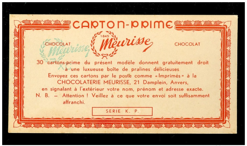 Chocolat  Chocolade Carton - Prime Premie - Karton - Chocolaterie MEURISSE  Antwerpen  Anvers - Chocolat