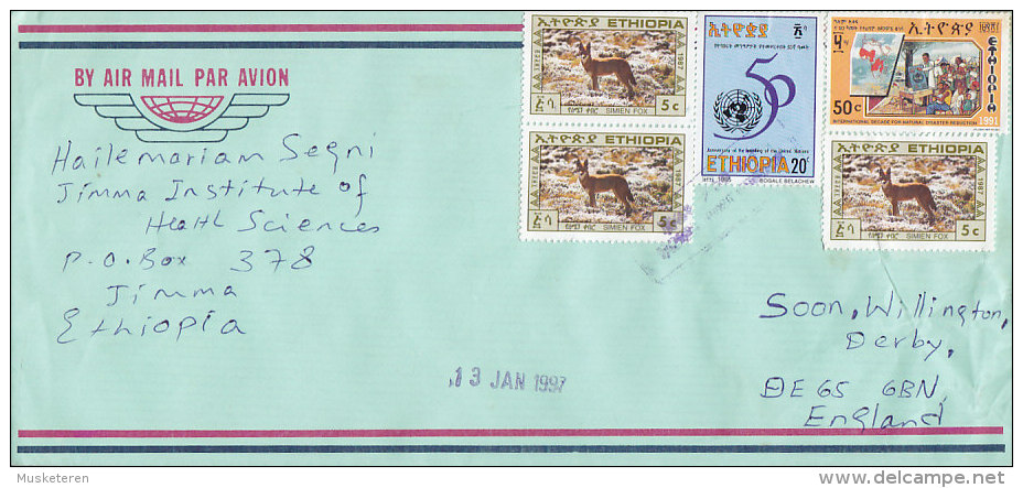 Ethiopia Airmail Par Avion JIMMA 1997 Cover Lettre To England UN, Fox Fuchs, Disaster Reduction Stamps - Äthiopien