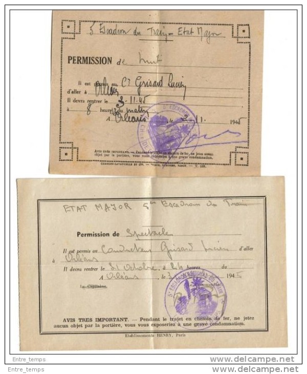 Permission De Huit Et De Spectacle 5 ème Escadron Du Train 1945 - Collections