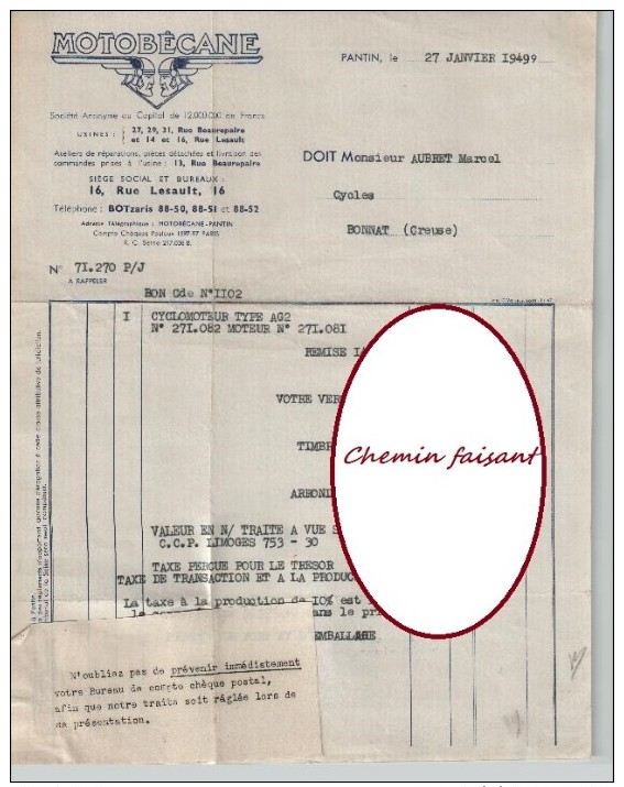 Document Du 27/01/1949MOTOBECANE Achat CYCLOMOTEUR AG2 - Pantin - 93 Seine-Saint-Denis - 1900 – 1949