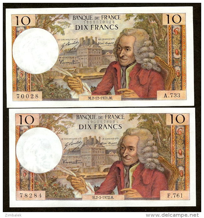 VOLTAIRE - 10F - 2.12.1971 #  2.3.1972 #  -  LOT DE 2  BILLETS  NEUFS - 10 F 1963-1973 ''Voltaire''