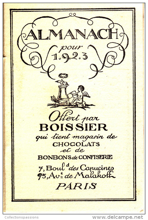 Magnifique Calendrier. 1923. Offert Par Boissier, Magasin De Chocolats Et De Bonbons De Confiserie. - Tamaño Pequeño : 1921-40