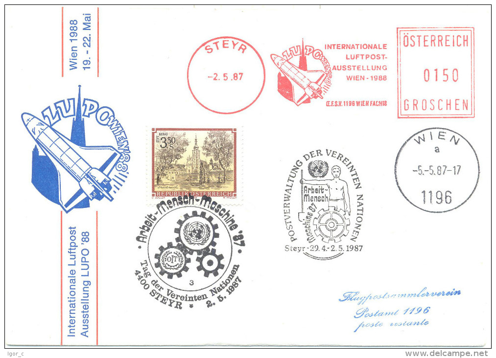 Austria Cover 1987: Space Weltraum - Space Shuttle Meter Cancellation: Internationale Luftpost Austellung Wien LUPO 1988 - Noord-Amerika