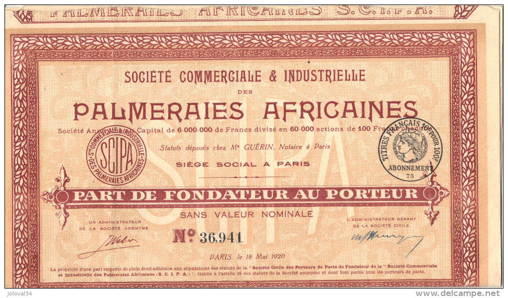 Part Fondateur Sans Valeur Nominale Palmeraies Africaines Avec Tous Les Coupons - Africa