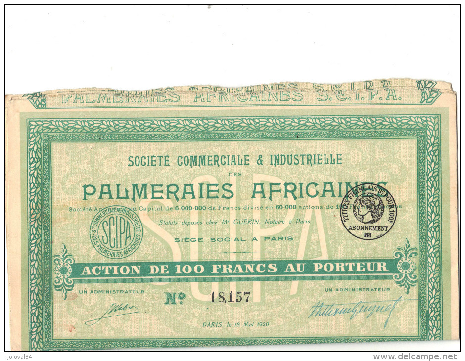 Action De 100 Francs Palmeraies Africaines Avec Tous Les Coupons - Afrique