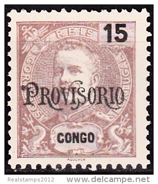 CONGO - 1902-  D. Carlos I, Com Sobrecarga «PROVISORIO»   15 R.   D. 11 3/4 X 12   Pap. Liso  * MH   MUNDIFIL  Nº 42 - Congo Portugais