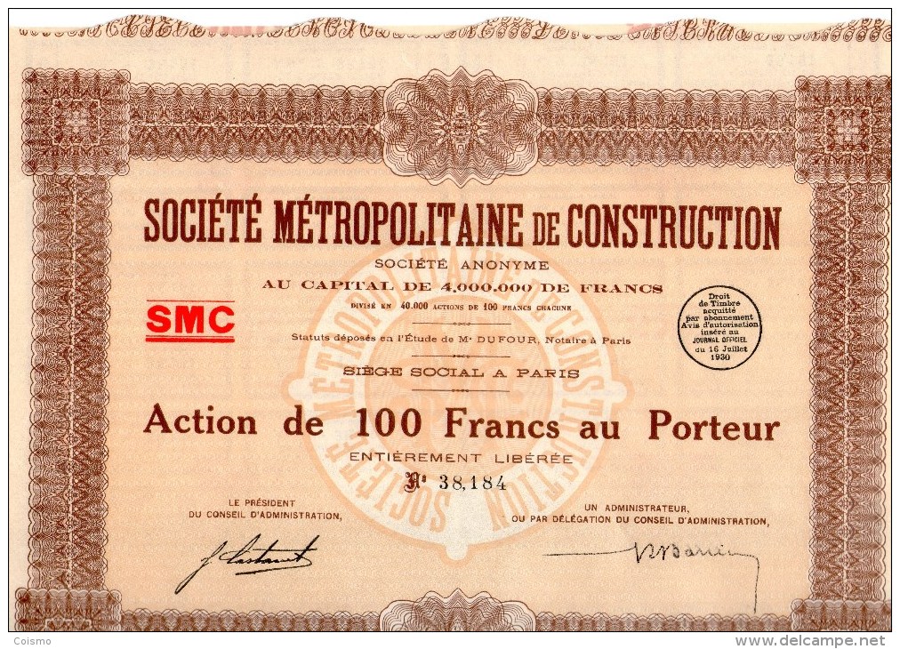 SOCIETE METROPOLITAINE DE CONSTRUCTION: ACTION DE 100 F AU PORTEUR - Afrika