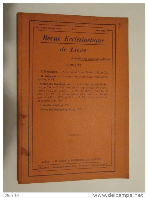 REVUE ECCLéSIASTIQUE DE LIèGE (M1414) MARS 1949 (2 Vues) H. DESSAIN, Imprimeur De L'évêché - VITRAUX - ARTS RELIGIEUX - Christianisme