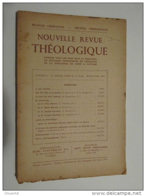 NOUVELLE REVUE THEOLOGIQUE (M1414) MUSEUM LESSIANUM - SECTION THEOLOGIE (3 Vues) Septembre Octobre 1945 - Cristianismo