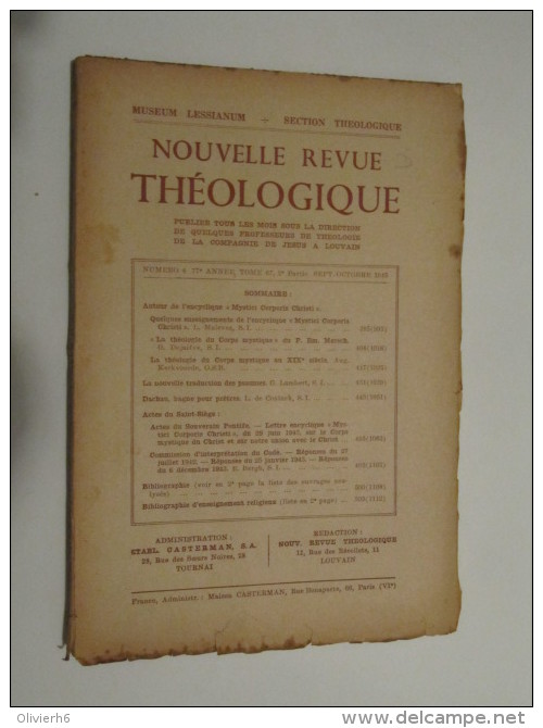 NOUVELLE REVUE THEOLOGIQUE (M1414) MUSEUM LESSIANUM - SECTION THEOLOGIE (3 Vues) Mars - Avril 1945 - Christianisme