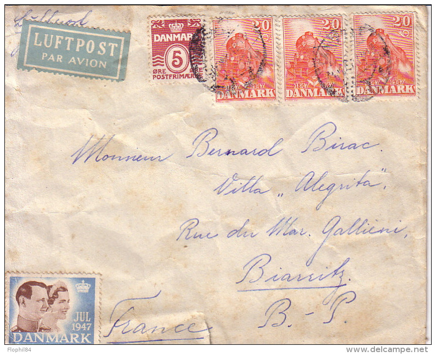 DANAMARK - BELLE LETTRE RECOMMANDEE PAR POSTE AERIENNE POUR LA FRANCE EN 1947. - Covers & Documents