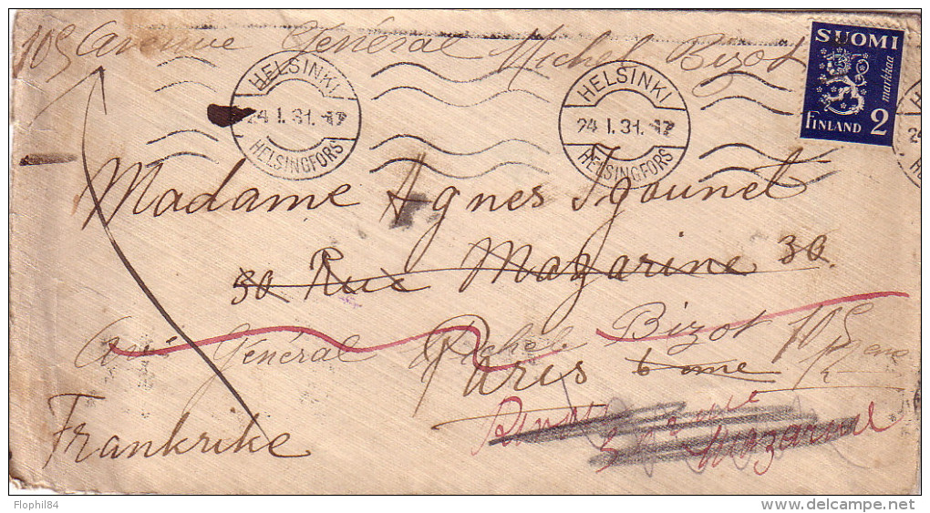 FINLANDE - HELSINKI LE 24-1-1931 - POUR LA FRANCE - VERSO DIVERS CACHETS. - Covers & Documents