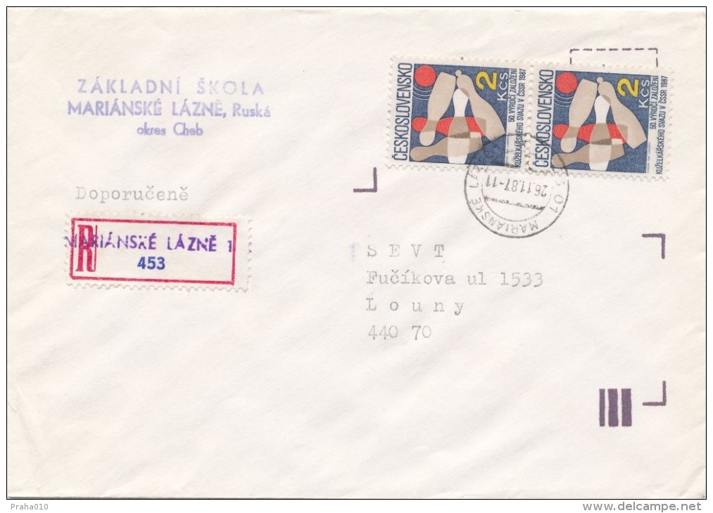 I8989 - Czechoslovakia (1987) Marianske Lazne 1 (provisional R-label); Stamp: 50th Anniversary Of Bowling Union CSSR - Pétanque