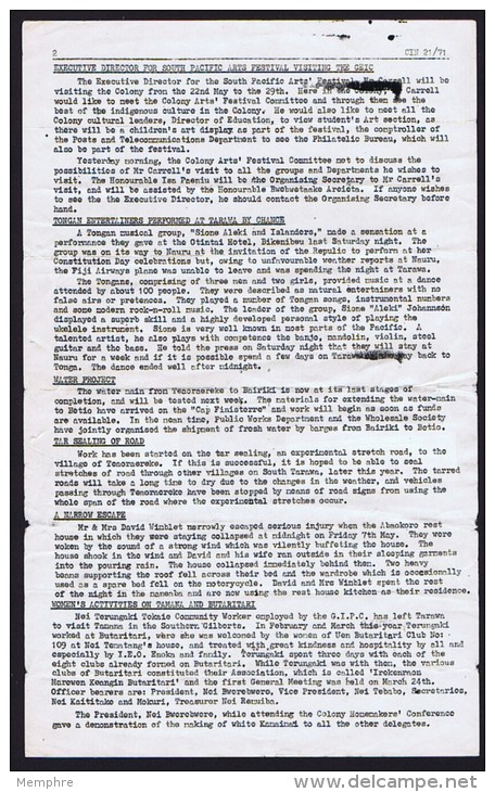 Gilbert & Ellice   1971  Islands Mimeographed Newsletter To USA  - Great Read - Gilbert & Ellice Islands (...-1979)