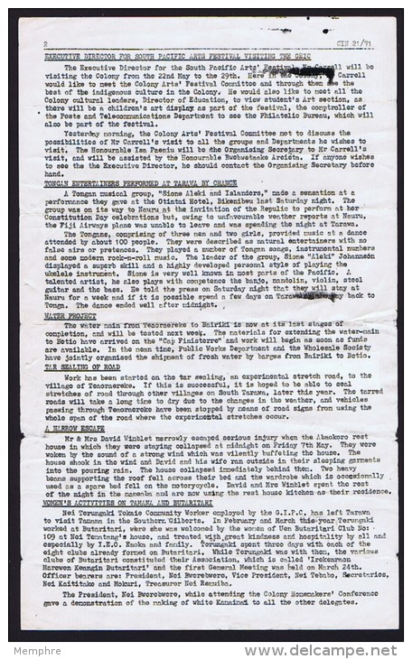 Gilbert & Ellice   1971  Islands Mimeographed Newsletter To USA  - Great Read - Gilbert- En Ellice-eilanden (...-1979)