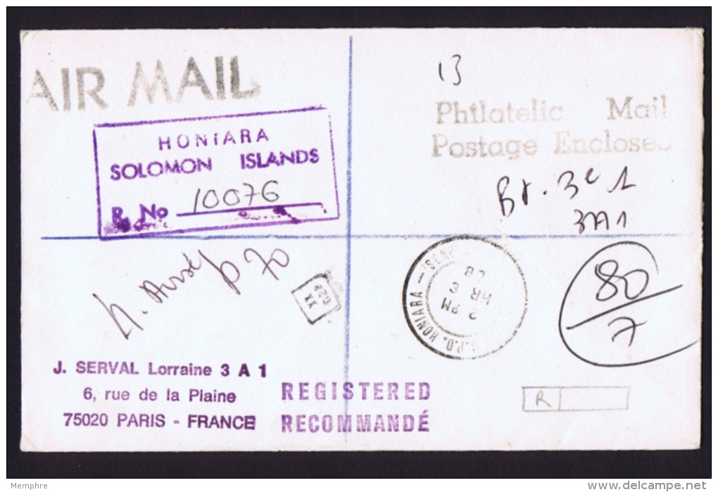 1988  Unfranked Registered Cover To France - Salomonseilanden (...-1978)