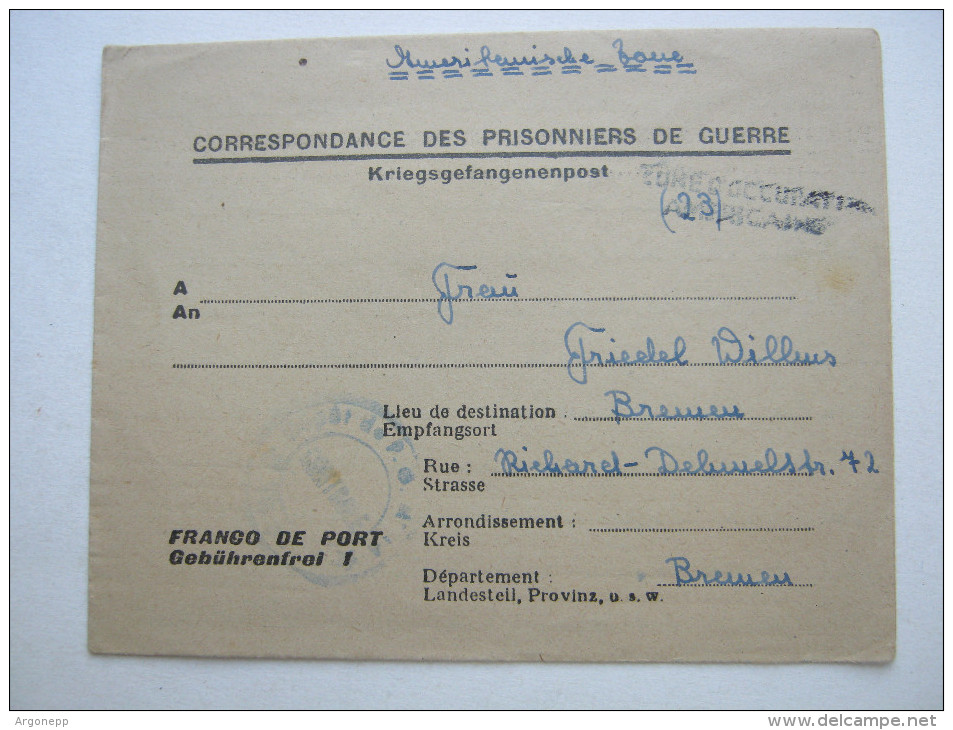 Camp Thiess  La Grande - Douai   , Prisonner De Guerre, Lettre    Allemagne    , 2 Scans - Guerre De 1939-45