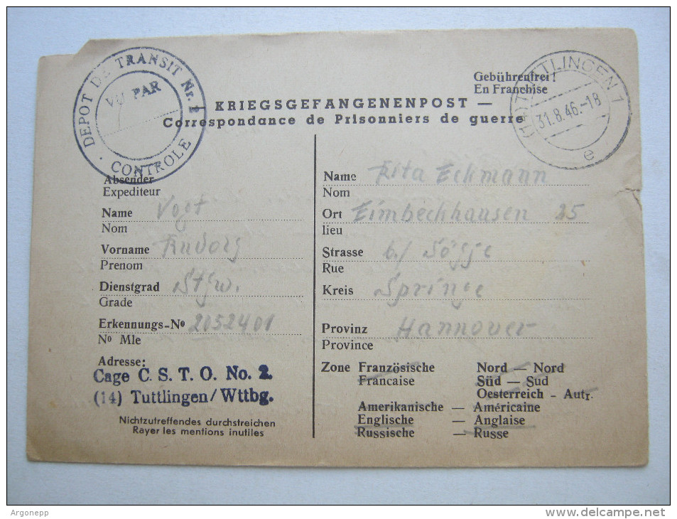 1946, Camp Transitdepot  Tuttlingen    , Prisonner De Guerre, Lettre    Allemagne - Guerre De 1939-45