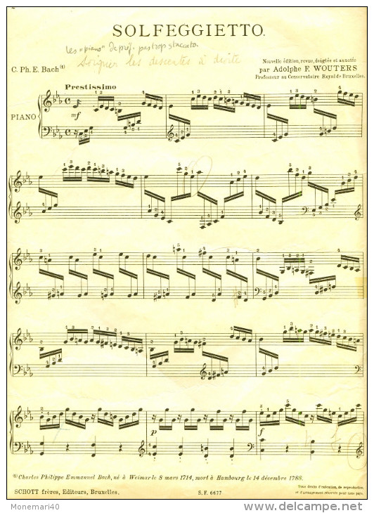 Partition Pour Piano - C. PH. E. BACH - SOLFEGGIETTO (Revue, Doigtée Er Annotée Par Adolphe F. Wouters) - A-C