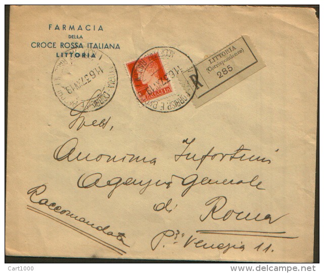 1937 RACCOMANDATA LITTORIA X ROMA £1,75 BUSTA FARMACIA DELLA CROCE ROSSA - Storia Postale