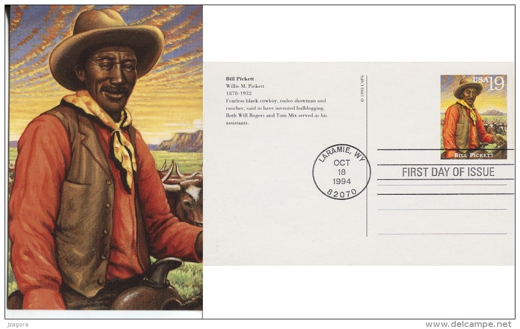 LEGENDS OF WILD WEST - BILL PICKETT USA 1994 FDC PRE-PAID POST CARD Law Hunting Prepaid - Indianer