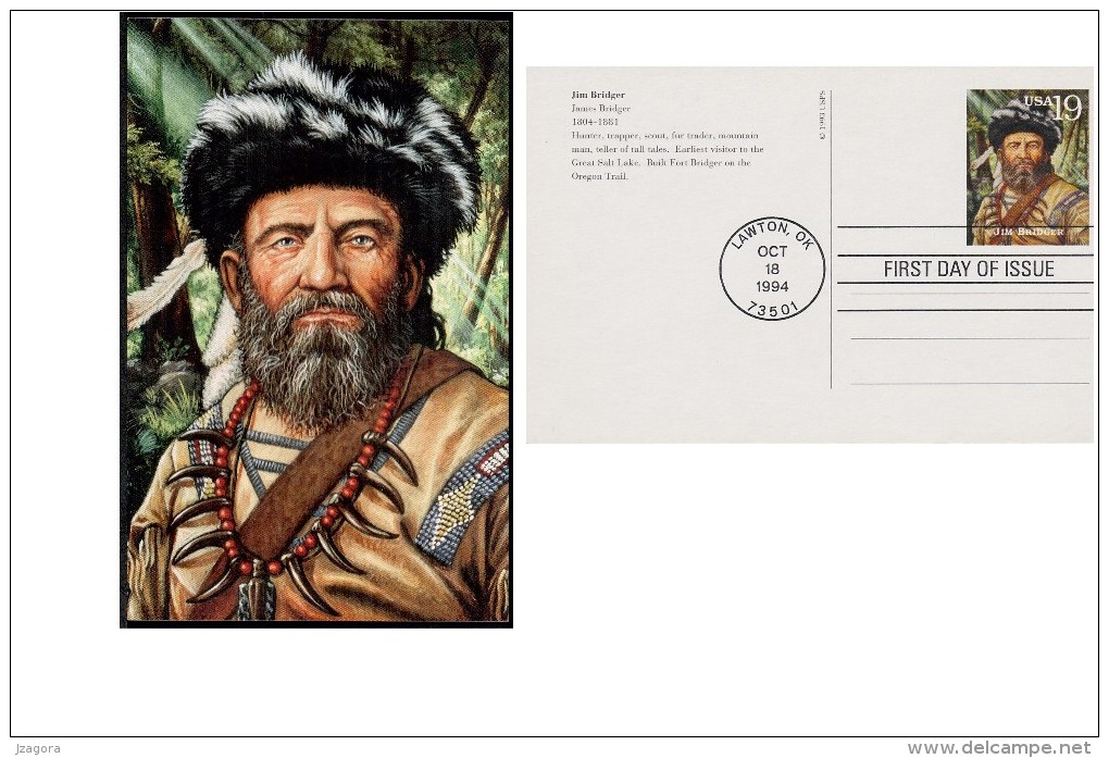 LEGENDS OF WILD WEST - JIM BRIDGER USA 1994 FDC UX 180 PRE-PAID POST CARD Law Hunting Prepaid - Indianer