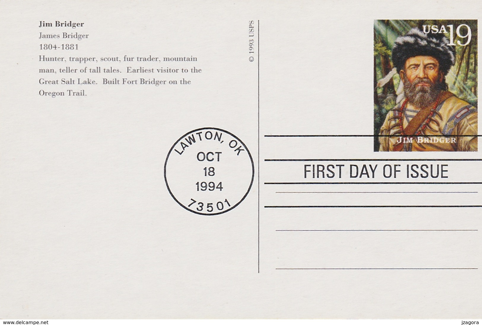 LEGENDS OF WILD WEST - JIM BRIDGER USA 1994 FDC UX 180 PRE-PAID POST CARD Law Hunting Prepaid - Indiens D'Amérique