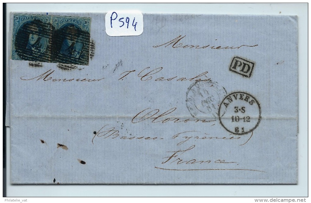 BELGIQUE LETTRE  PAIRE DU N° 11 DE ANVERS POUR LA FRANCE   1861 - Balkenstempel: Einladungen