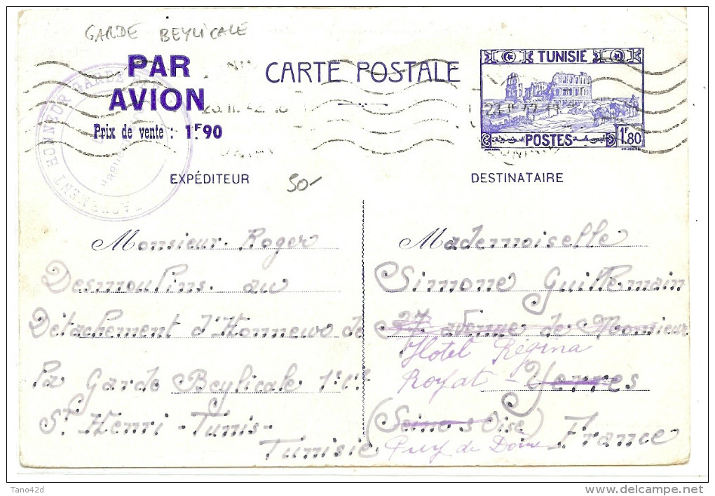 LSAU9- TUNISIE PAIRE DE EP CP AVION 1f80 TUNIS / ROYAT JANVIER OU AVRIL 1942 - CACHET DE LA GARDE BEYLICALE - Lettres & Documents