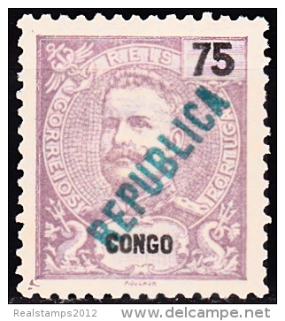 CONGO - 1914 -  D. Carlos I,  Com Sobrecarga  «REPUBLICA»   75 R.    (*) MNG     MUNDIFIL  Nº 116 - Congo Portuguesa