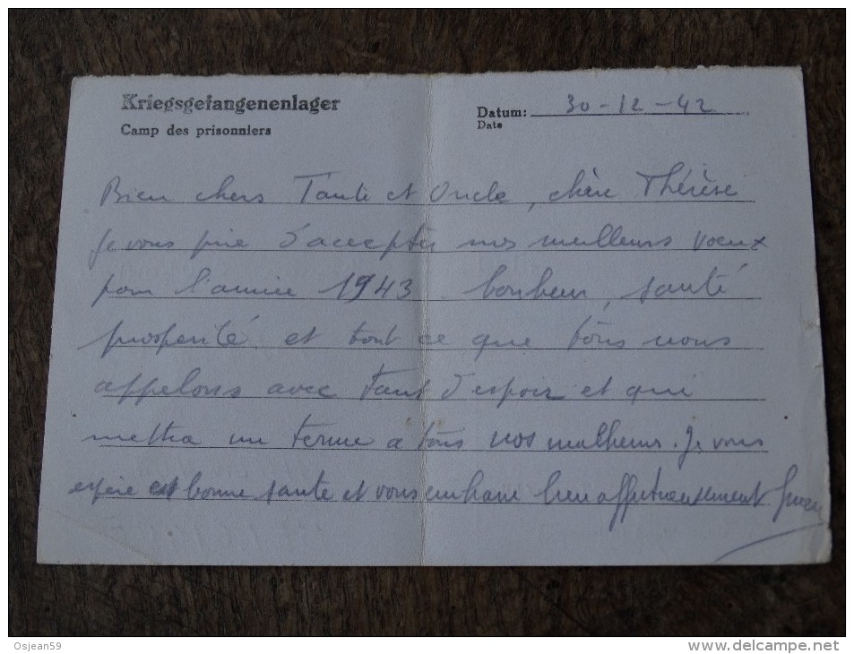Carte Postale écrite Par Un Prisonnier De Guerre Le 30/12/1942 Pour Baileux(Coulonval) -Controler Le 09/01/1943 - 1939-45