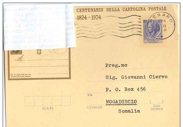 ITALIA/ITALIEN/ITALIE Storia Postale 1974 CP Lire 55 Vg.per L'estero:Somalia - 1971-80: Poststempel