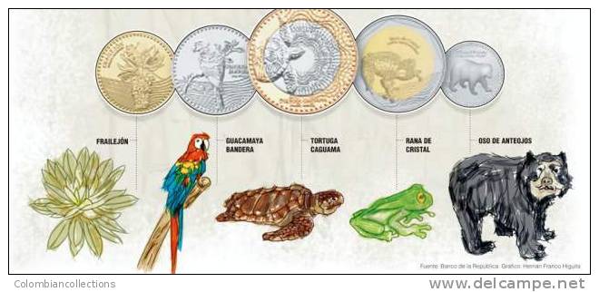 Lote 401, Colombia, 2012, Monedas, 5 Coins, Complet Set, Rana, Oso, Frog, Bear, Turtle, Bird, Bimetallic - Colombie