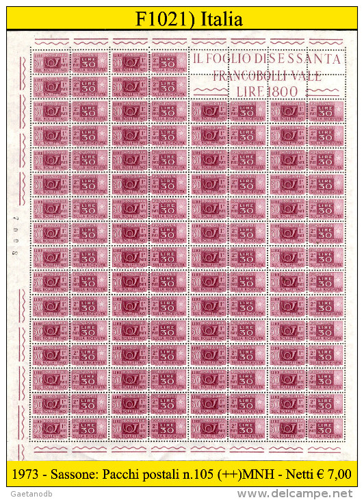 Italia-F01021 - 1973 - Pacchi Postali - Sassone: N.105 (++)MNH - Foglio Completo. - Pacchi Postali