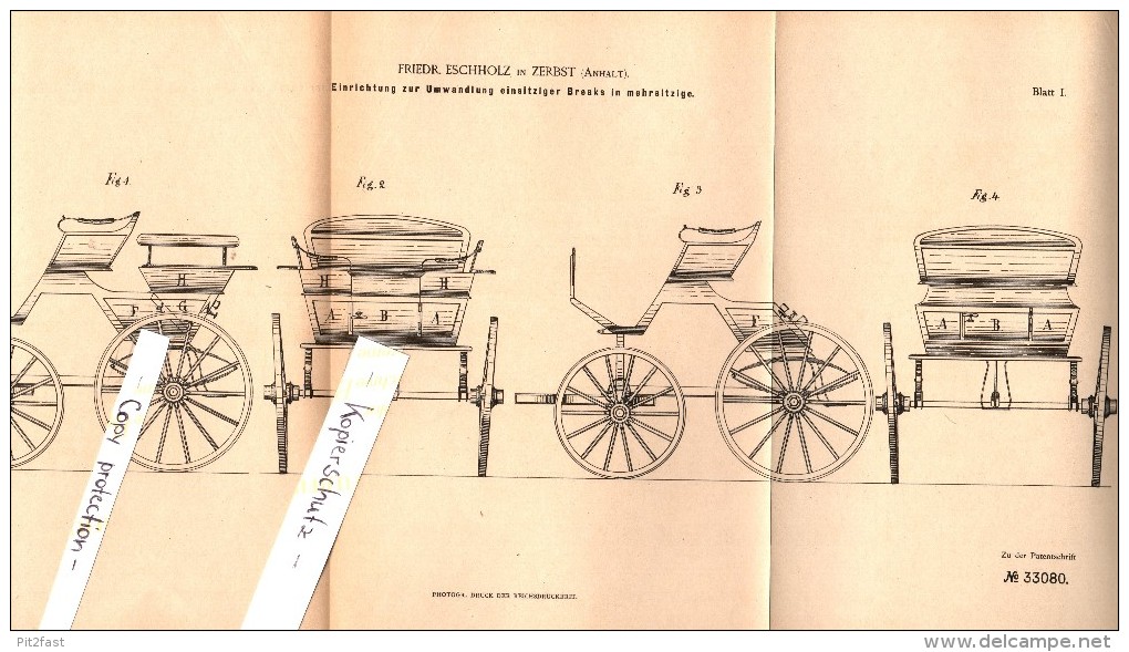 Original Patent - Friedrich Eschholz In Zerbst , 1885 , Umwandlung Einsitziger Kutschen , Kutsche , Droschke , Carriage - Sonstige & Ohne Zuordnung