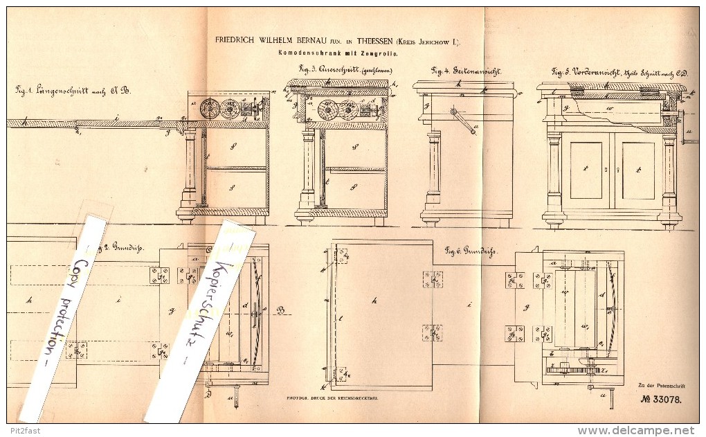 Original Patent - F.W. Bernau In Theeßen B. Möckern , 1884 , Komodenschrank Mit Zeugrolle , Möbel , Mobilar Jerichow !!! - Andere Pläne