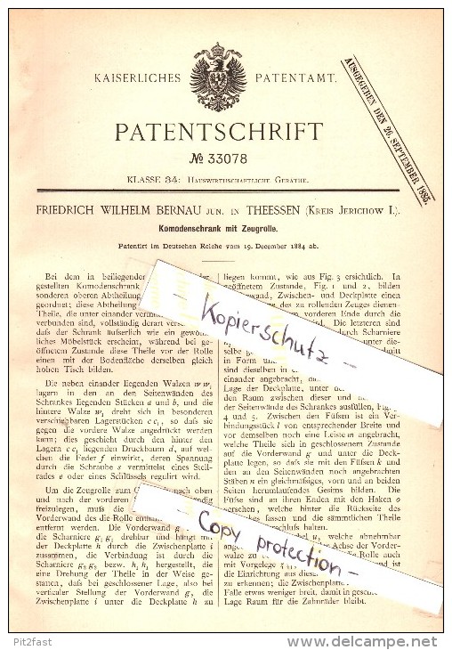 Original Patent - F.W. Bernau In Theeßen B. Möckern , 1884 , Komodenschrank Mit Zeugrolle , Möbel , Mobilar Jerichow !!! - Altri Disegni