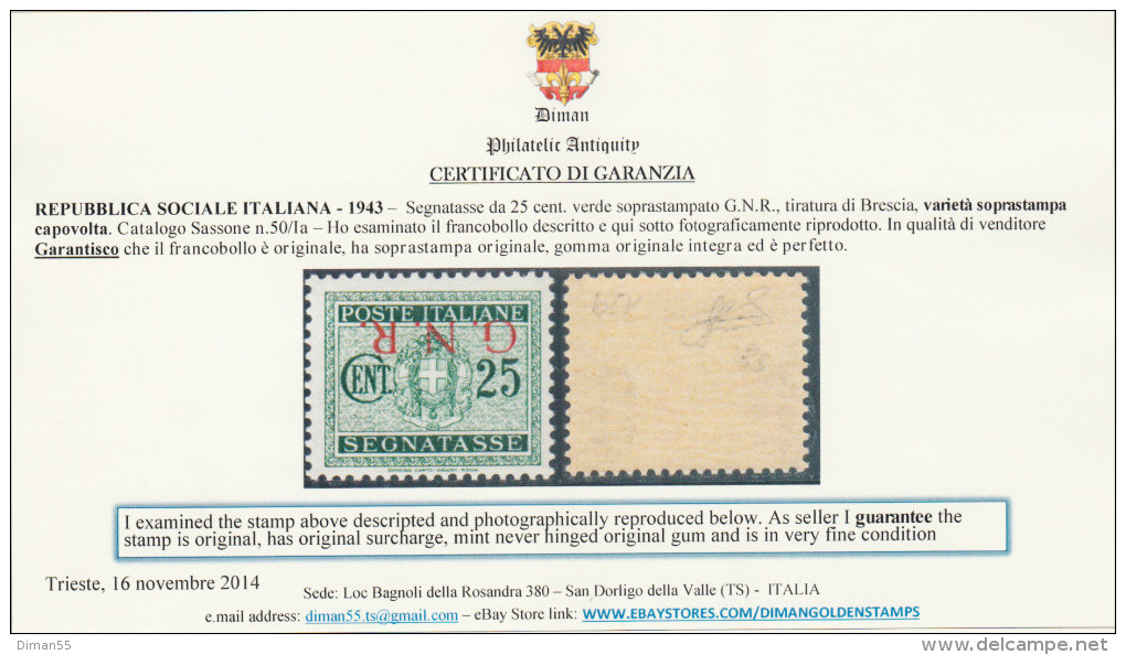 ITALY - 1943 R.S.I. - VARIETA' - Tax N.50/Ia  - Cat. 600 Euro - Con CERTIFICATO - GOMMA INTEGRA - MNH** - Portomarken